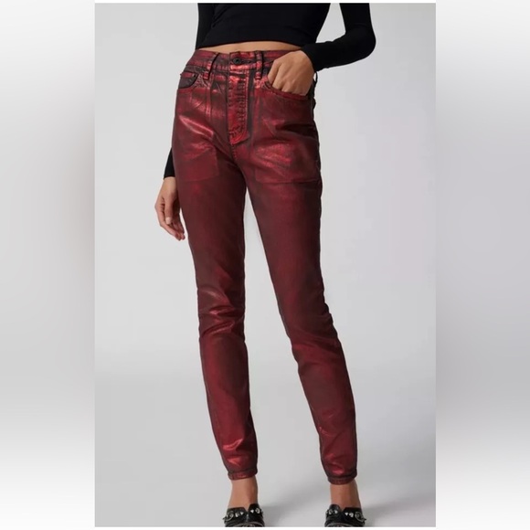 Urban Outfitters Neon Denim Cherry Coated Skinny Jean Metallic Red Black - Picture 2 of 7
